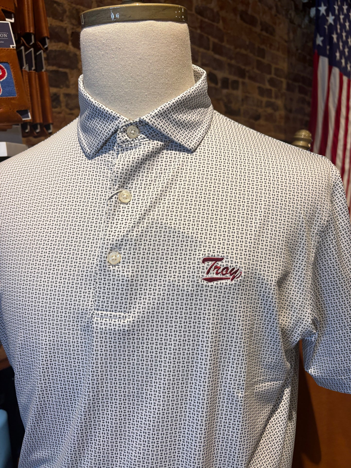 Charcoal Trellis Printed Performance Polo Troy Script