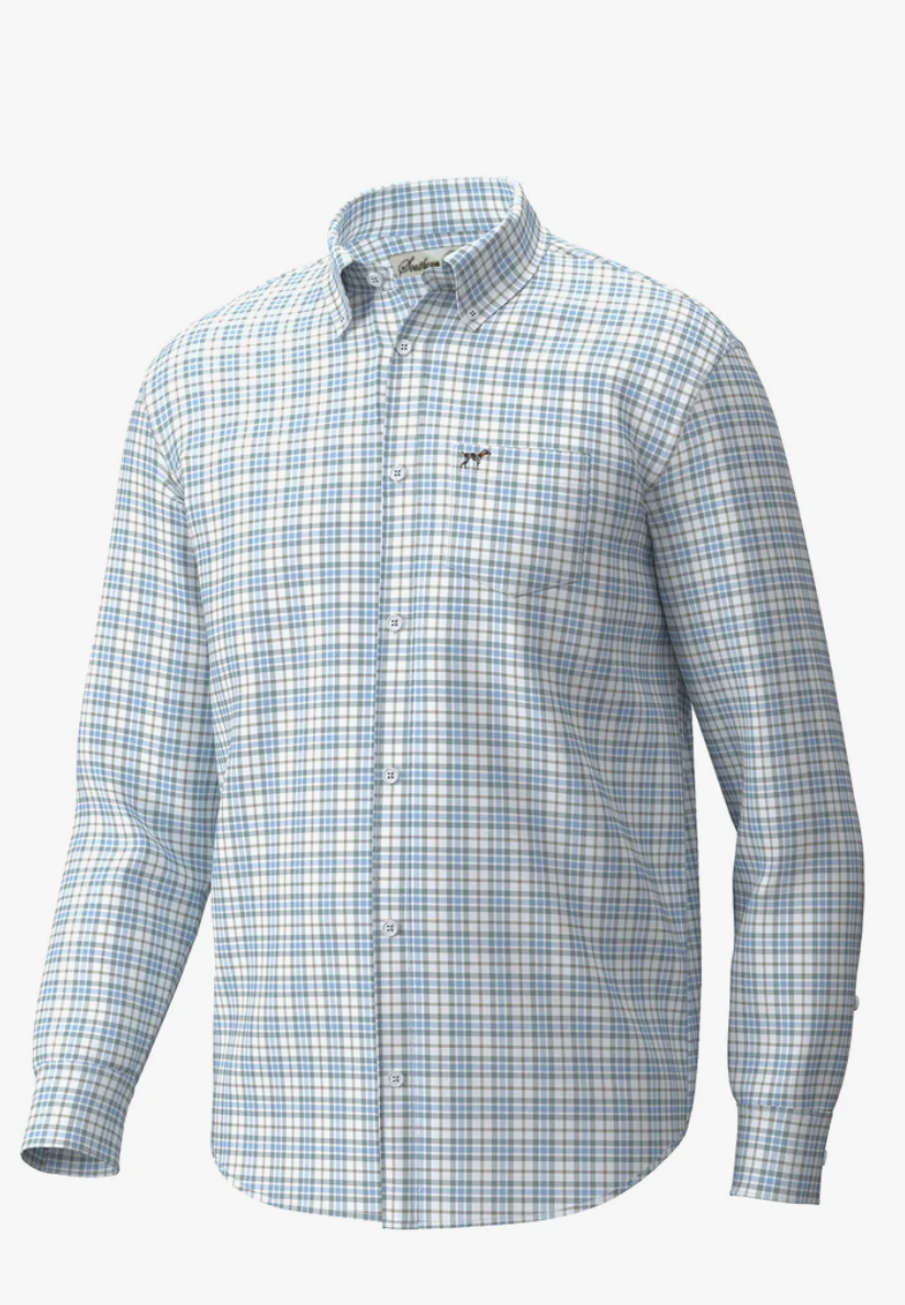 Hadley Luxe Lite LS Button Down- Harvey Plaid Pewter & Light Blue