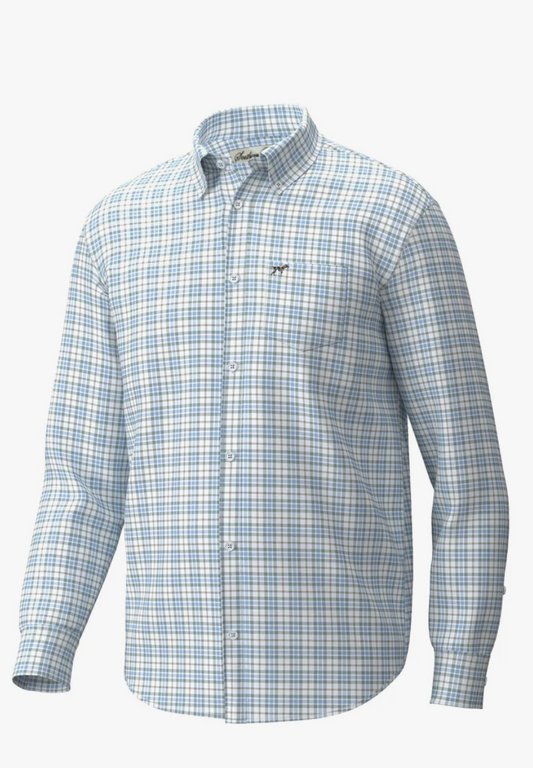 Hadley Luxe Lite Long Sleeve Button Down- Harvey Plaid Pewter & Light Blue
